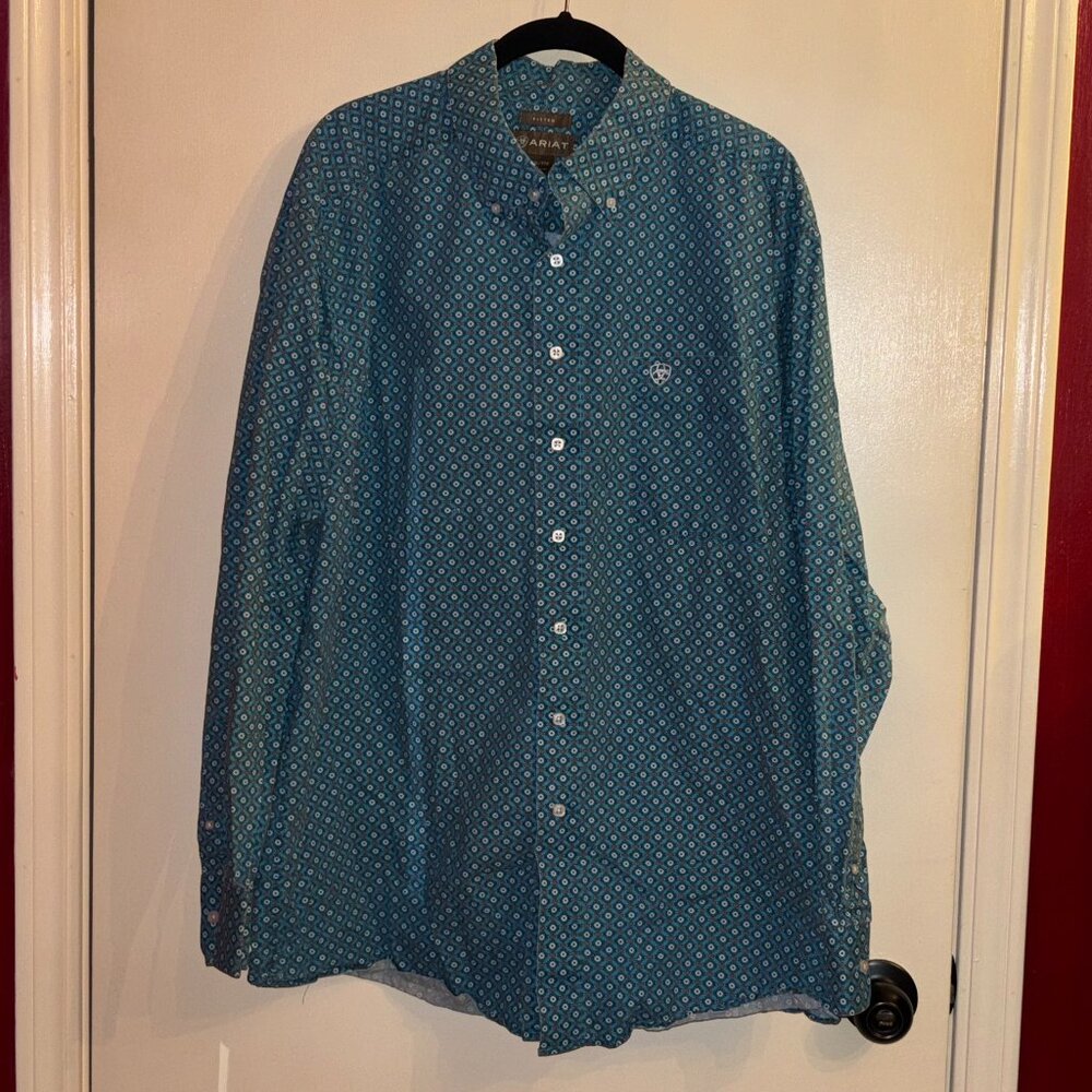 Men's Ariat Blue White Geometric Pattern Long Sleeve Button Down Size XXL